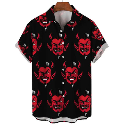 Devil Pattern Men's Shirts Oversized Shirt Loose Casual Double Patchwork Red Imp Party Festival Camisas Original