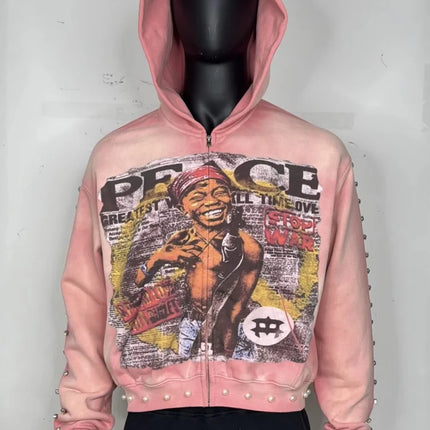 Y2K Aesthetic Pattern Print Hoodie Vintage Punk Gothic Couple Pearl Graffiti 2000s Streetwear