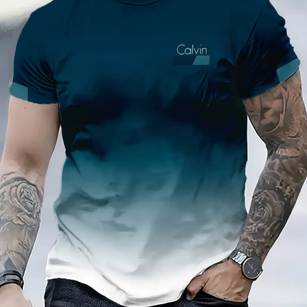 Men's Summer Luxury Gradient 3D Print T-Shirt, Turquoise Gold Swirl Wave Abstract Pattern, Crew Neck Short Sleeve, Breathable &