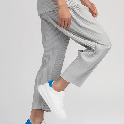 Miyake Pleated Straight Pants Men Clothing Black Pencil Cropped Pants Street Wears Men Japanese Style Ankle Length Pants