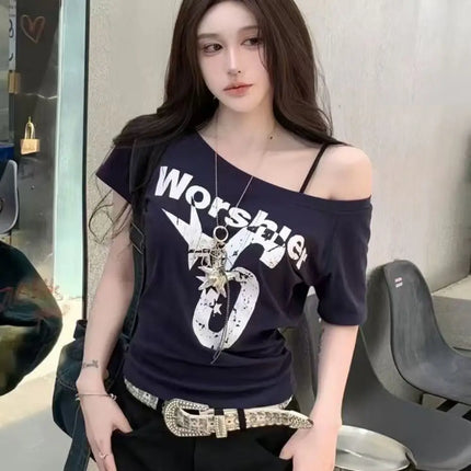 Fashion Y2k Off Shoulder Top Skew Collar Body Basic Short Sleeve Letter Print T Shirt Vintage Style