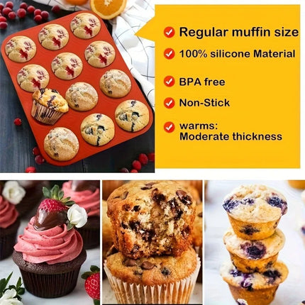Food-Grade 12-Cavity Silicone Muffin Cake Mold, Non-Stick Cupcake Mold, High-Temperature Resistant Oven Baking Tool for Steamed Egg Pudding Meatballs