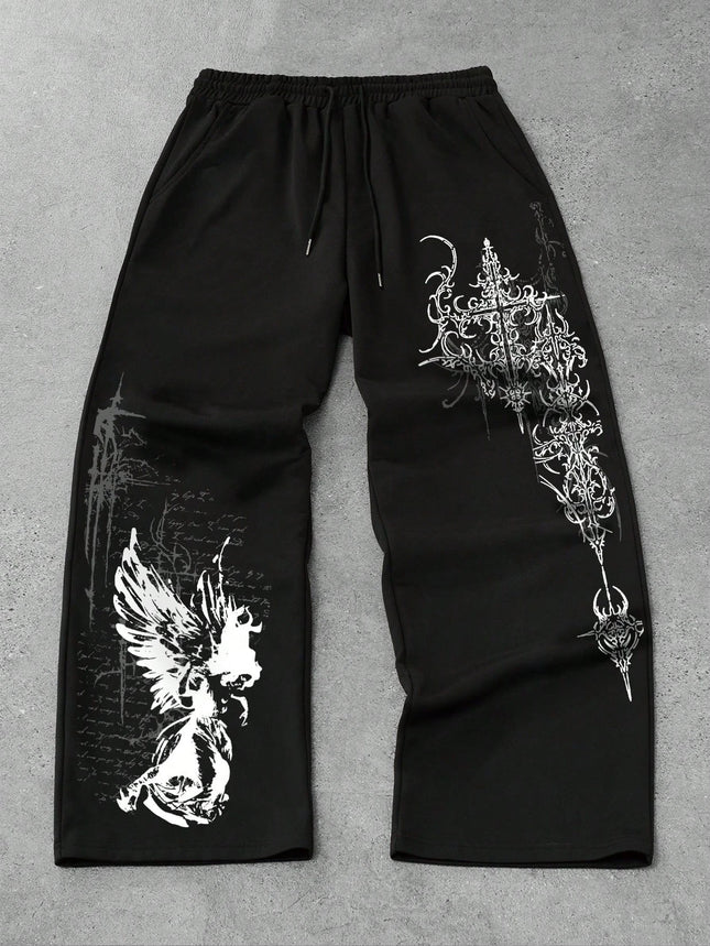 Men's and Women's Y2K Gothic Angel Print Wide Leg Sports Pants Street Wear Hip-hop Casual Drawstring Pants Harajuku Street Style