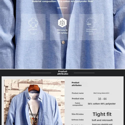 New Men's Oxford Spinning Short Sleeve Solid Color Tooling Business Casual White Shirt Slim Fit Trend Long Sleeve Casual Shirts