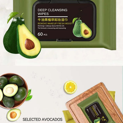 Avocado Makeup Remover Towel - Large Volume 60pcs, 3-in-1 Gentle Deep Cleansing for Eyes, Lips & Face,One-time makeup remover