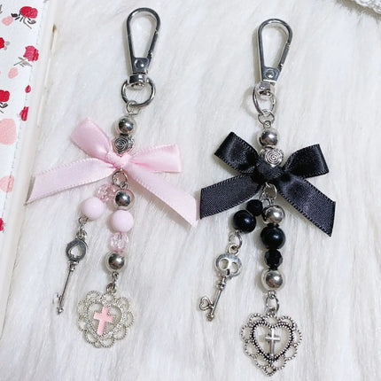 Gothic Cross Love Heart Skull Key Pendant Keychain for Women Trend Black Bowknot Key Ring Female Halloween Y2K Jewelry
