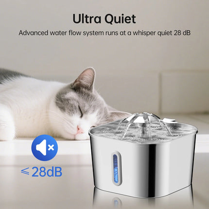 2.2L/74OZ Automatic Cat Fountain Stainless Steel Pet Water Dispenser Silent Water Pump Circulation Filtering Visual Window