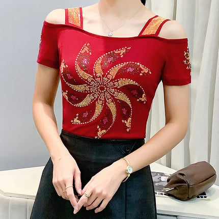 New Summer European Clothes Women's T-Shirts Luxury Butterfly Hot Diamonds Tees Sexy Streetwear Off-Shoulder Tops Shirt
