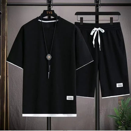 2026 new Summer Men's Waffle Sets Casual T-Shirt And Shorts Set Male Sports Suit Solid Color Tracksuit Loose Suits
