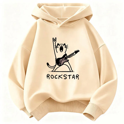 Vintage Rock Star with Music Cat Design Hoodie Kids Cat Children's Sweatshirt Hoody for Boys Girls Hip Hop Casual Hoodies