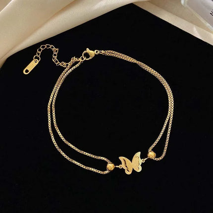 Stainless Steel Metal Double Layer Butterfly Anklet For Women Fashion Gold Color Adjustable Feet Chain Anklet Jewelry Gifts