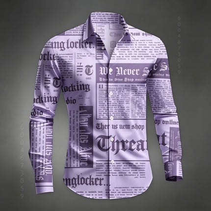 Men's Shirt Long Sleeved Shirt Newspaper Letter Print Retro Casual Single Breasted Shirt Street Style Trendy Men's Top XS-6XL