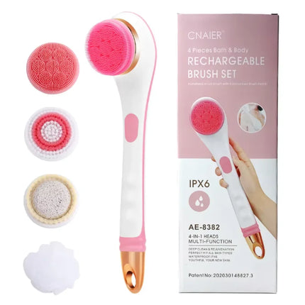 Electric Bath Brush Long Handle Body Scrubber Waterproof Shower Brush with Replaceable Heads for Back Feet Body Cleaning Massage