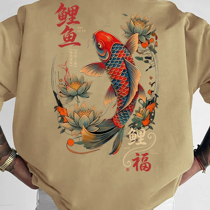 New Men's Koi Fish Fortune T-Shirt Japanese Lotus Print Streetwear Crew Neck Short Sleeve Polyester Tops S-XXL
