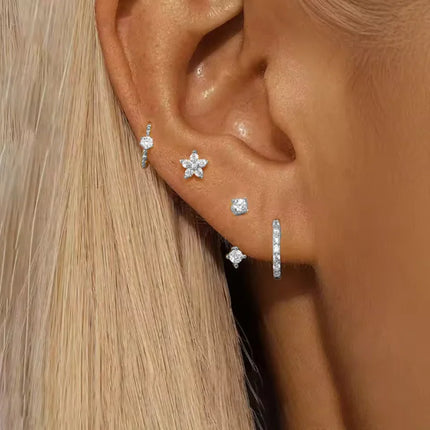 4PCS Fashion Zircon Round Hoop Earring Set Women Temperament Flower Ear Stud Huggie Earring Tragus Piercing Cartilage Jewelry