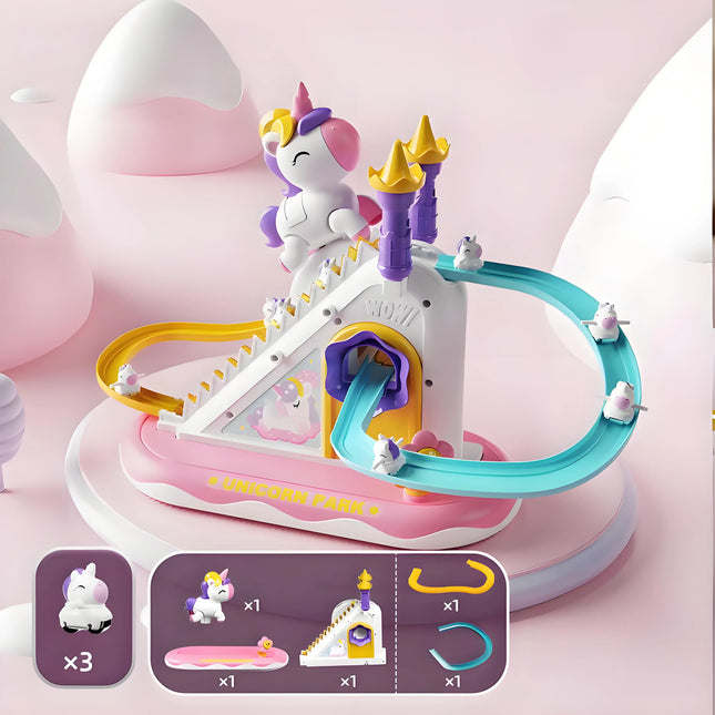 ABS Electric Unicorn Track Toy, 3 Mini Unicorns, Auto Stair Climbing, LED Music Castle Slide Girls Gift