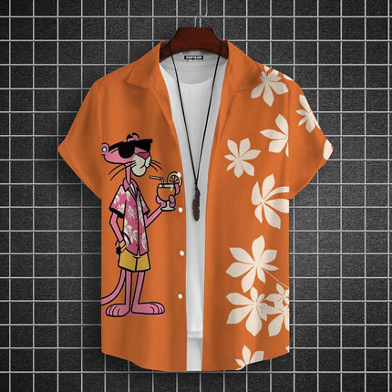 Cartoon Leopard Graphic Men Short Sleeve Lapel Shirt Tops Unisex Pink Button-Down Hawaiian Shirts Summer Daily Female Blouses