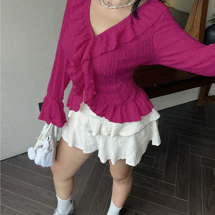 plus Size Women's Pink V-Neck Blouse Elegant French Ruffle Flared Sleeve Sweetheart Bubble Sleeve Casual Chic Top for plus Size