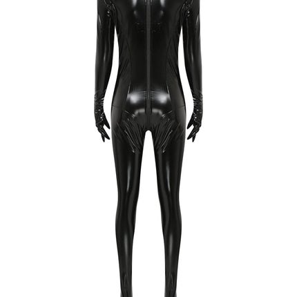 Womens Faux Leather Full Body Bodysuit Wet Look Gloved Sleeve Double-end Zipper Openable Crotch Latex Catsuit Unitard Clubwear