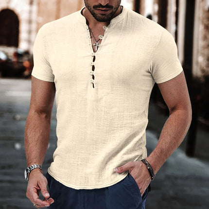 Summer new style men's solid-color retro casual short-sleeved shirt, comfortable and breathable men's short-sleeved top