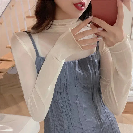 High Neck Sheer Mesh Top Women Clothing Long Sleeve Turtleneck T-shirt Korean Sexy See Through Black White Beige Shirt New