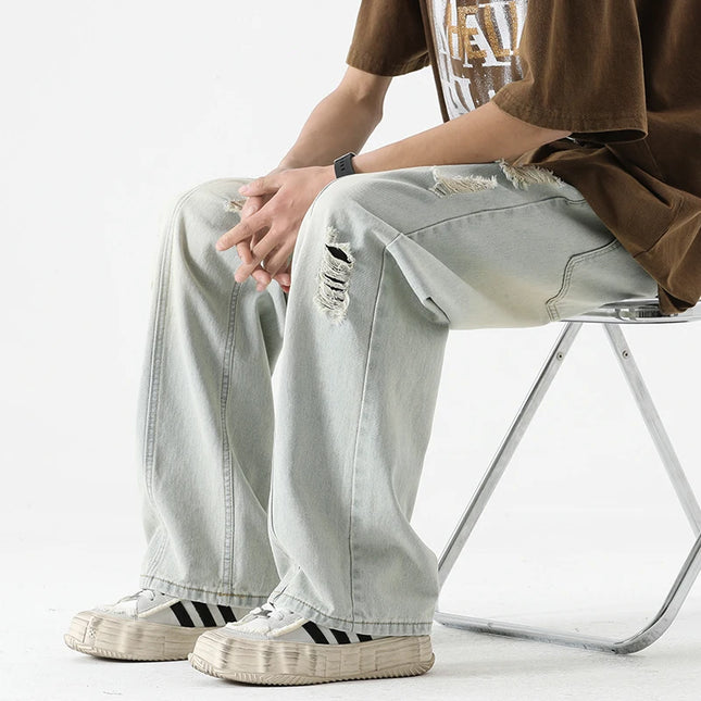 Men's Summer Ripped Jeans Loose Straight Leg Retro Men Draw Rope Port Fashion Brand All-match Casual Pants