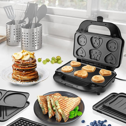 Portable 6-in-1 Automatic Temperature Control Deep 2-Slice Waffle & Sandwich Grill Maker with Detachable Plates for Household