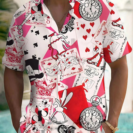 Men's Playing Cards and Dice Printed Short Sleeve Shirt Polyester Fabric Suitable for Summer Vacation and Casual Outing Shirts