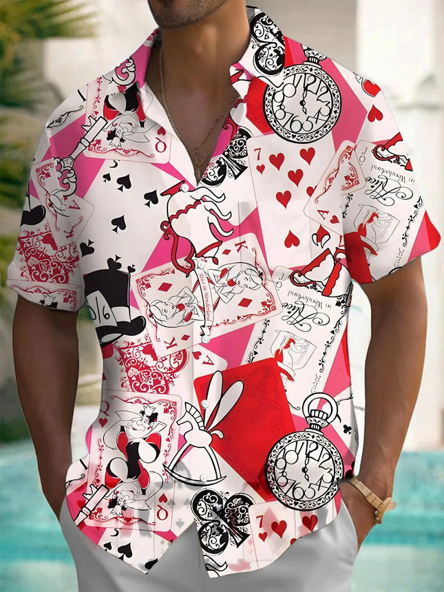 Men's Playing Cards and Dice Printed Short Sleeve Shirt Polyester Fabric Suitable for Summer Vacation and Casual Outing Shirts