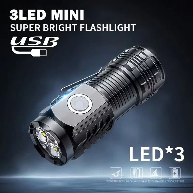 Mini 3LED Flashlight with Pen Clip, Night Walking, Portable Brightness, Rechargeable Waterproof Emergency Spotlight Outdoor Torch