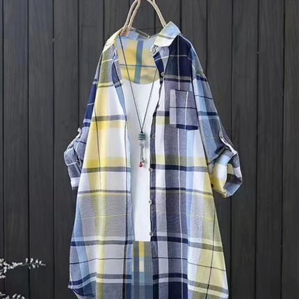 Plus Size Women's Shirt 2025 Korean Style of Casual Fashion Single-breasted Sunscreen Blouse Lapel Square Plaid Top Long Sleeve