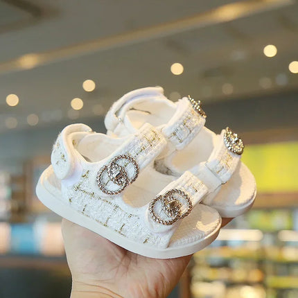 2025 Korean Style Sweet Style Sandals Summer Solid Color Girls Baby Sandals Open Toe Small PU Slipper Shoes Size 21-35