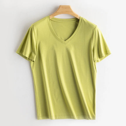 SuyaDream Women Solid T shirts, Silk Cotton Blend, O Neck, Short Sleeved Solid Tee,2025 Summer Candy Colors Basic Cozy Top Green