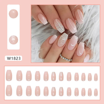 Thousands Stars 24 Pcs Press on Nails Pink Nail Polish Glossy Artificial Finger Manicure Reusable False Nails for Women