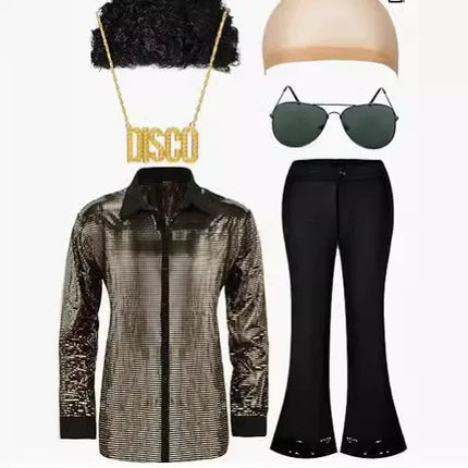 Men's Flared Pants Disco Shiny Shirt 70s Style Hip Hop Checkered Patterned Clothing Set Fashionable Retro Trend 2025
