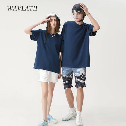 WAVLATII Women New 100% Cotton Solid T-shirts Female Pink White Casual Summer Tees Lady Oversized Short Sleeve Tops WT2401