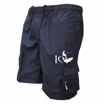 Trendy Mens Bib Shorts Casual Loose Shorts Funny I Love Fishing Printed Drawstring Pocket Shorts Summer Mens Shorts