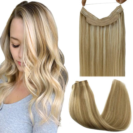 Wire Hair Extensions Real Human Hair Balayage Dark Brown to Chestnut Brown Invisible Transparent Remy Fish Line Hair Extensions