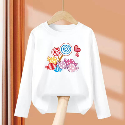 Little Girl Lollipop T-shirt Autumn Long Sleeved Tops Candy Cartoon Clothes Casual Round Neck Cotton Tees 3-14Y