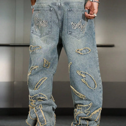 Men's Street Style Casual Patchwork Embroidered Frayed Hem Macau Blue Denim Jeans Trendy Loose Fit Straight Leg Pants