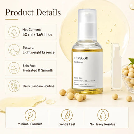 Korean Skin Care Mixsoon Bean Essence Hyaluronic Acid Exfoliating Facial Serum Hydrating, Moisturizing and Antioxidant Essence