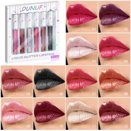 DUNUF 6 pcs set pearlescent metallic color long lasting lip gloss waterproof sweatproof non-stick lipstick