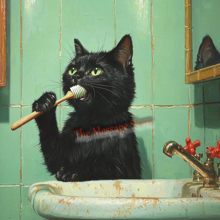 Funny Black Cat Bathroom Retro Mint Color Bathroom Toilet Bathtub Aesthetic Art Poster Canvas Painting Wall Pictures Home Decor