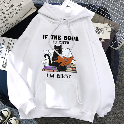 If The Book Is Open I'm Busy Black Cat Hoody Women Casual Crewneck Hoodies Fashion Loose Clothes Fleece Pullover Sweatshirt