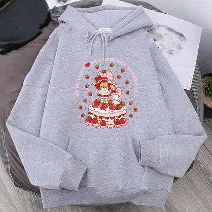 Cartoon Strawberry Women Hoodies Strawberry shortcake Hoodies Tops Long Sleeve Pockets Fashion Hooded Sweatshirts