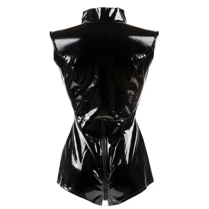 Black Shiny PVC Leather Leotard For Women Hot Porn Double Zipper Sexy Open Crotch Wetlook Sheath Latex Bodysuit Sleeveless Sexi
