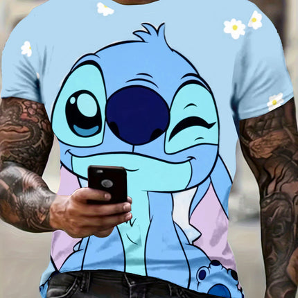 Disney Lilo & Stitch Cute Wink Print T-shirt Men Casual Short Sleeve Crew Neck Tee