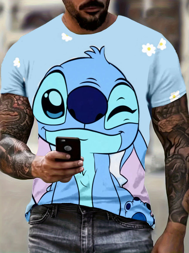 Disney Lilo & Stitch Cute Wink Print T-shirt Men Casual Short Sleeve Crew Neck Tee