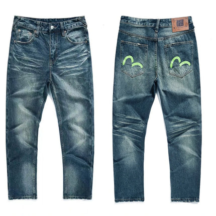 Japanese Handmade Embroidered Jeans Men's Pure Cotton Straight Tube Hip-Hop Popular Slim Red Ears Show Thin Trousers Devil Big M