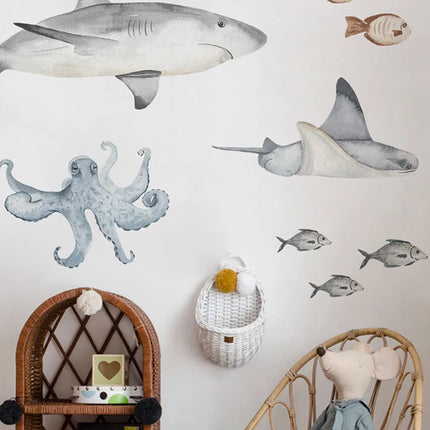 Large Watercolor Sharks Wall Decals Ocean Animal Wall Sticker Under The Sea Marine Life Theme Decals Nursery Kids Room Decor